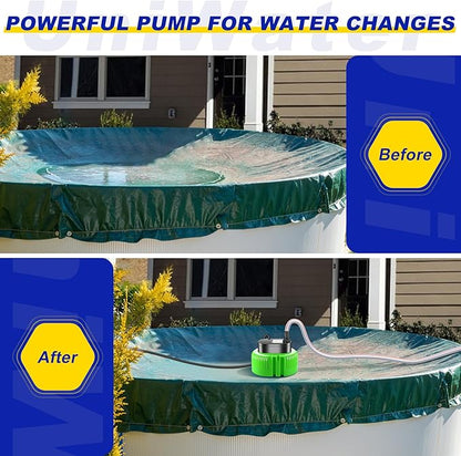 Pool Cover Pump above Ground-Submersible Sump Pump Swimming Water Removal Pumps, Sump Pumps for Pool Draining with 16ft Drainage Hose & 25 ft Extra Long Power Cord,850 GPH,3 Adapters-Green