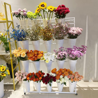 Flower Display Stand, 3 Layers Heavy Duty Moving Plant Cart Shelf With Wheels and Bucket, Wrought Iron Florist Shelf, for Patio Garden, Florist, Outdoor Flower Pop-Up Events (White Iron Frame)