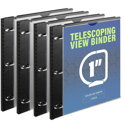 WOT I 1 Inch Telescoping 3 Ring Binder 4 Pack, Expandable Flexible Binder with Customizable Front Cover & Clear Catalog Pocket, Holds 225 Sheets, School Office Supplies, Black