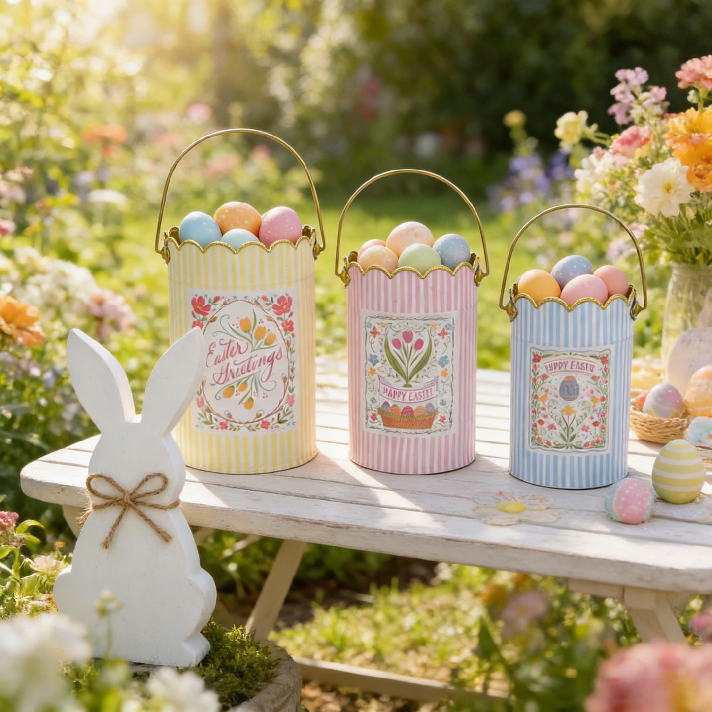 Zorvynelle Set of 3 Metal Bucket with Handle Decorative Floral Basket Bucket Cute Striped Design Flower Planter for Easter, Gift Baskets, Garden & Home Decor