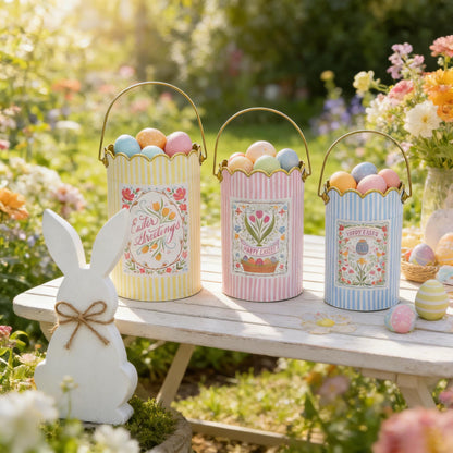 Zorvynelle Set of 3 Metal Bucket with Handle Decorative Floral Basket Bucket Cute Striped Design Flower Planter for Easter, Gift Baskets, Garden & Home Decor