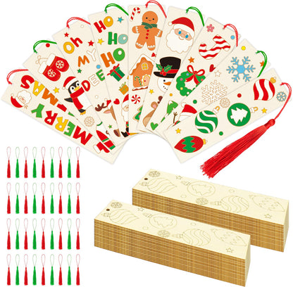 36 Pcs Color Your Own Christmas Bookmarks for Kids DIY Christmas Gifts Wooden Blank Bookmarks Bulk with Hanging Tassel for Xmas Winter Crafts Birthday Gift
