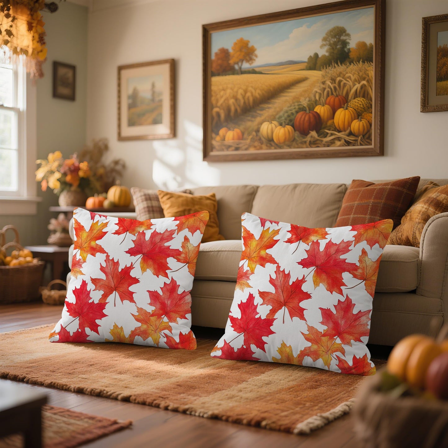 WitHero Fall Throw Pillow Covers 16x16 Inch Set of 2 – Double-Sided Maple Leaf Design on White Linen Pillowcases, Indoor Outdoor Autumn Decorative Cushion Covers for Sofa Couch Bed