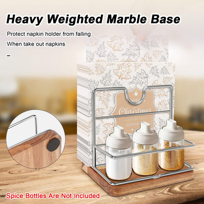 Livabber Napkin Holder, Metal Napkin Storage with Salt and Pepper Shakers Caddy Modern Napkin Dispenser for Table Kitchen Countertop, Not Including Salt and Pepper Shakers (Middle Wooden, Chrome)