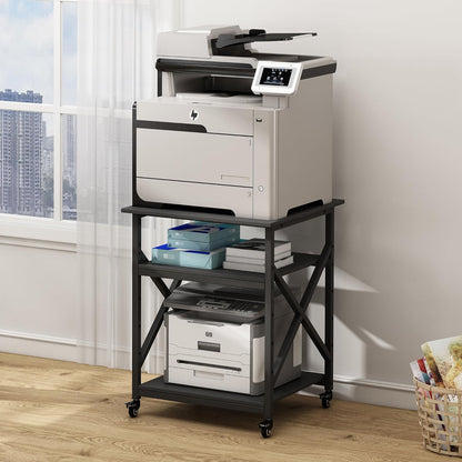 Printer Stand, 23.6 x 23.6 x 30.1 Inches Large Square Printer Table with Height Adjustable Storage Shelf, 3 Tier Rolling Printer Cart with Industrial Wheels for Home Office - Black