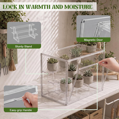 Novabright Mini Greenhouse Indoor, Clear Portable Tabletop Green House with Magnetic Door and 3-Layer Stand for Seed Starting, Plant Grow Warmer and Home Gardening Display, 14.1 x 10.6 x 9 in