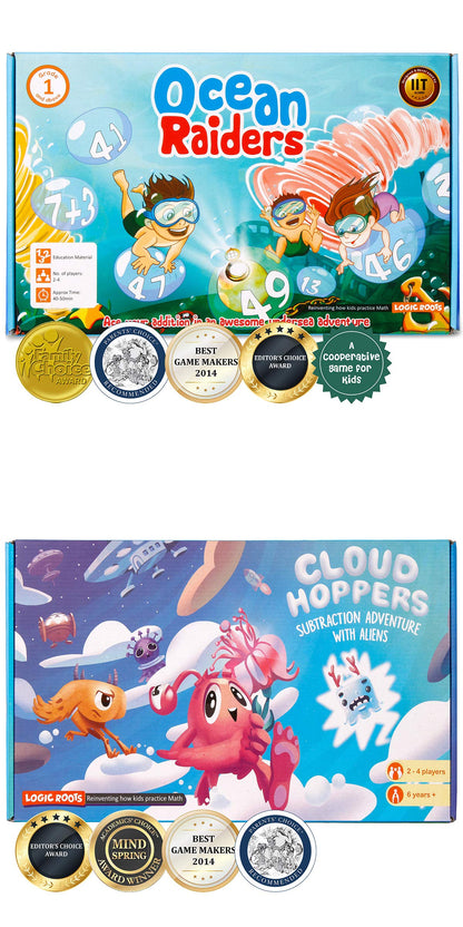 Logic Roots Addition and Subtraction Game - Fun Math Board Game for 6-8 Year Olds, Easy to Play Educational Game for Kids at Home, STEM Toy Gift for Girls & Boys (Ocean Raiders + Cloud Hoppers)