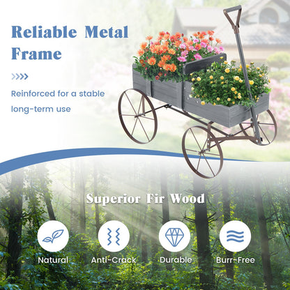 Giantex Decorative Garden Planter, Small Wagon Cart with Metal Wheels, Wood Raised Beds Plant Pot Stand for Backyard Garden Patio 24.5”Lx13.5”Wx24”H (Gray)