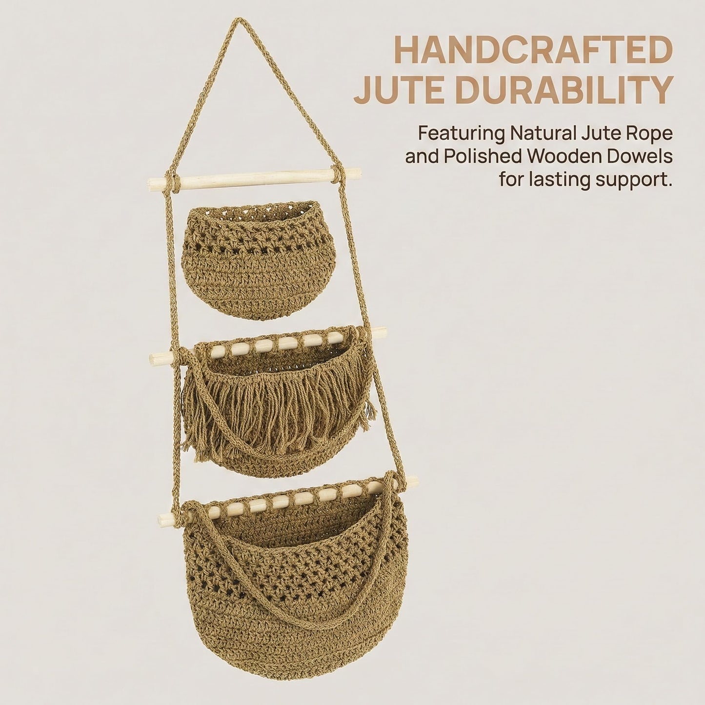 Cabilock 3 Tier Hanging Fruit Basket for Kitchen - Boho Macrame Woven Wall Storage for Onion and Potato, Space-Saving Cotton Rope Produce Organizer for Pantry & Bathroom