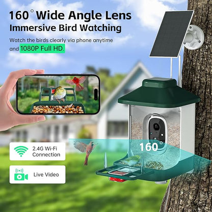 Smart Bird Feeder with Camera, AI Identify Bi rd Species Solar Powered,Full HD Live Video Bird Feeder Camera, 2.4Ghz WiFi, Instant Arrival Alerts - Best Gifts for Bi rd Lover