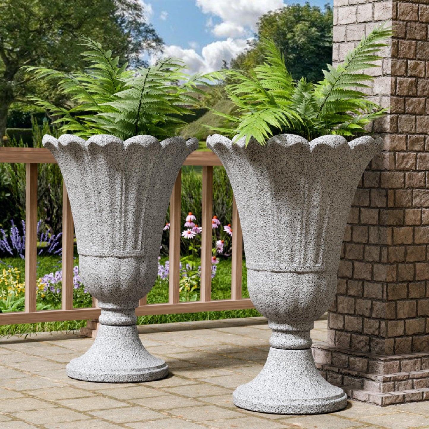 Trygoal 23.6" Tall Plastic Urn Planters for Outdoor Plants, Set of 2 Heavy-Duty Classic Indoor Large Flower Pots with Drainage Holes & Petal Design, Outdoor Planters for Porch, Home Garden, Grey