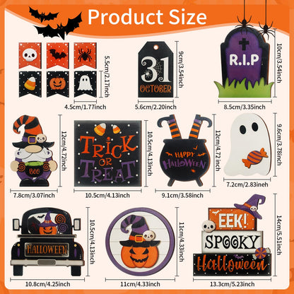 15 Pcs Halloween Tiered Tray Decor Set, Cute Pumpkin Ghost, Halloween Wooden Layered Tray Decorations, in a Rustic Style, Great Items for Party Tables