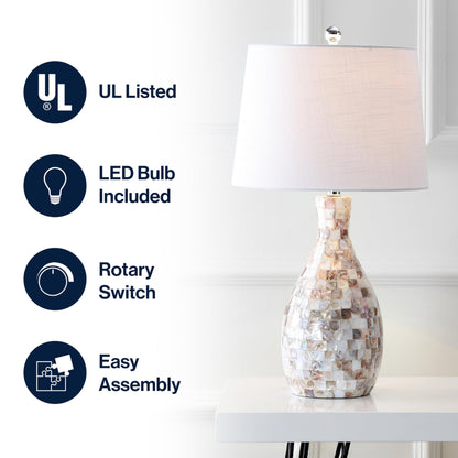 JONATHAN Y 26.5" Ivory Beige Mosaic Seashell LED Table Lamp for Living Room Bedroom Nightstand, Coastal Capiz Shell Base with White Linen Drum Shade, LED Bulb Included JYL1054A