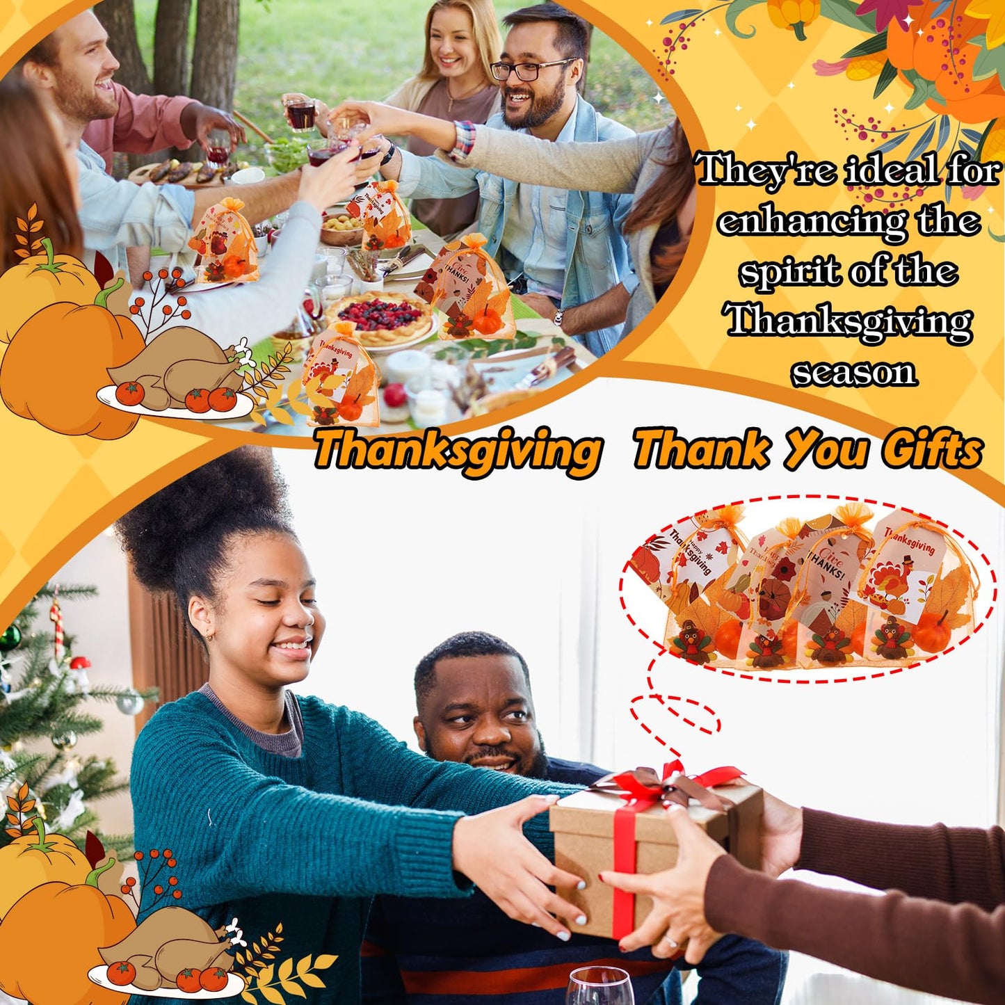 Halloscume 120 Pcs Thanksgiving Party Favor Decorations Fall Gifts, Include Mini Turkey Figurines Foam Pumpkin Maple Leaves Thanksgiving Cards with Orange Organza Bag for Harvest Home Table Decor