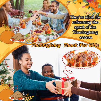 Halloscume 120 Pcs Thanksgiving Party Favor Decorations Fall Gifts, Include Mini Turkey Figurines Foam Pumpkin Maple Leaves Thanksgiving Cards with Orange Organza Bag for Harvest Home Table Decor