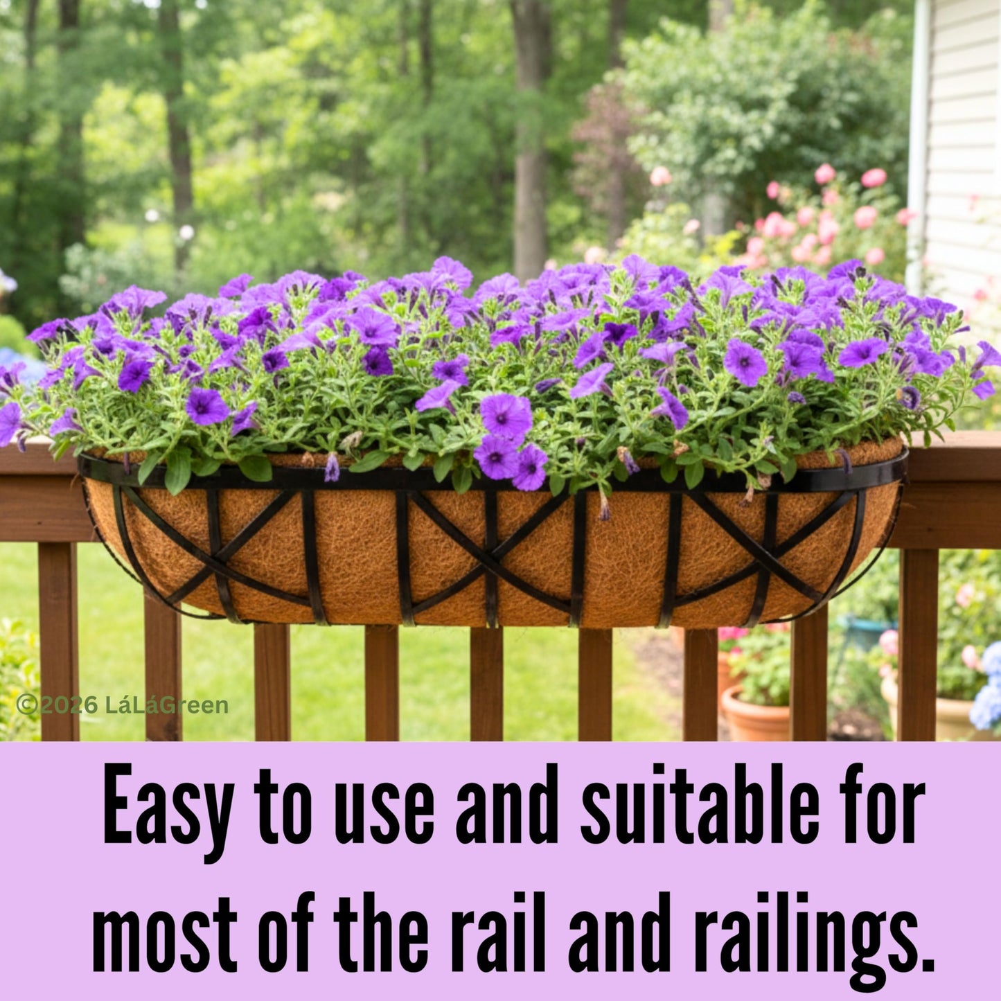 LaLaGreen 24 Inch, 2 Pack Railing Planters with Adjustable Mounting Brackets – Black Metal Window Planter Boxes for Outdoor Gardening, Wall-Mount Flower Pots, Balcony Fence Patio, Porch, Garden