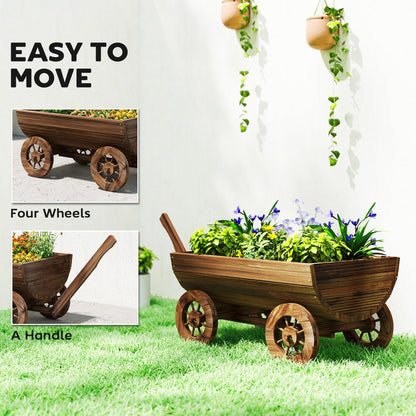 Outsunny Wooden Wagon Planter Box, Mobile Garden Planter with 4 Wheels and Handle, Small Wheelbarrow Wagon Flower Cart with Drainage Hole for Outdoor Patio, Garden, Balcony