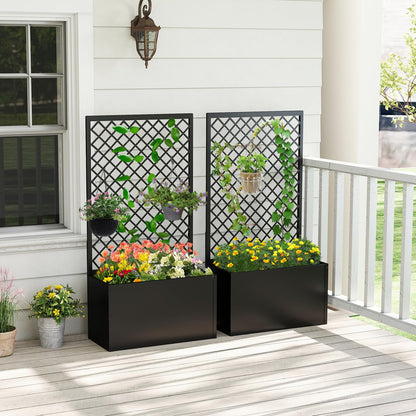kinbor Planter with Trellis - Metal Planter Boxes Outdoor, Raised Garden Bed with Lattice Trellis for Climbing Plants, Black Flower Boxes Outdoor