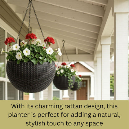 LaLaGreen Bundle- 3 Pack, 11 Black + 3 Pack, 11 Inch Brown Self Watering Hanging Plastic Basket Rattan Style Round Plant Flower Pots with Water Level Indicator Balcony Porch Modern Indoor Garden Decor