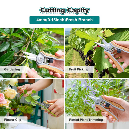 Berry&Bird Mini Pruning Shears for Gardening Straight Blades Hand Pruners with Wooden Handle Garden Scissors Snips Stainless Steel Trimming Small Clippers Bonsai Compact Size Shearing Tool