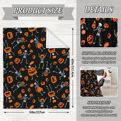 Whaline Halloween Fuzzy Flannel Blanket 50 x 60 Inch Evil Pumpkin Face Skeleton Decorative Throw Blanket for Holiday Home Chair Soft Couch Bed