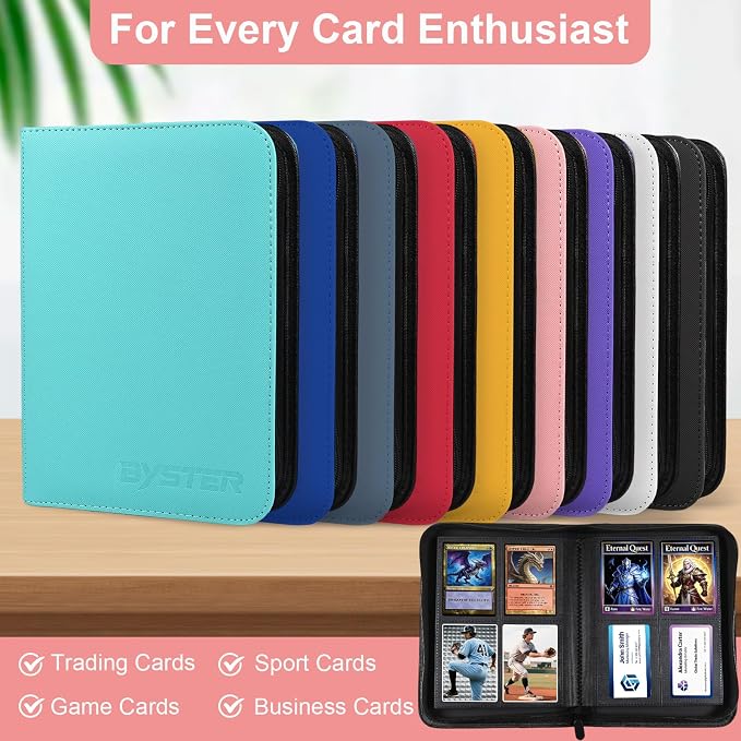 BYSTER 4 Pocket Card Binder, Premium PU Trading Card Binder with Zipper, 160 Capacity Side-Loading Binder for TCG, MTG, Sports Cards, Game Cards, Pink