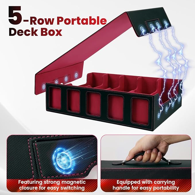 Red Trading Card Storage Box with Handle,5-Row Portable Game Case for 4000+ Cards, Leather Card Collection Case with Commander Display Window for MTG, Yugioh, and Sports Cards,Gifts for Card Collector