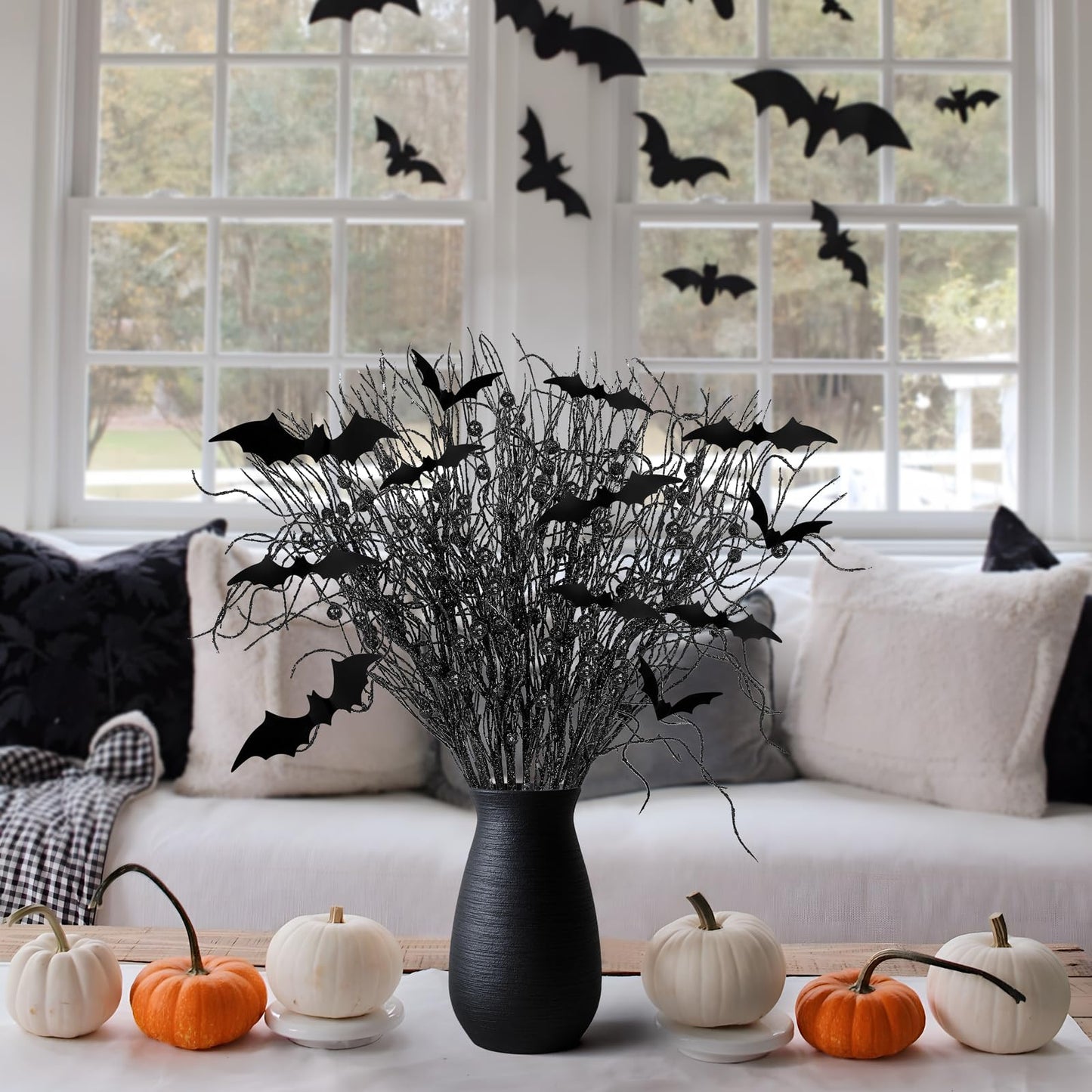 Yen Jean 21Pcs Halloween Decorations Black Artificial Branches Picks Decor Berry Stems Tree Glittery Curly with Bats for Flowers Arrangement Floral Bouquet Vase Party Supplies