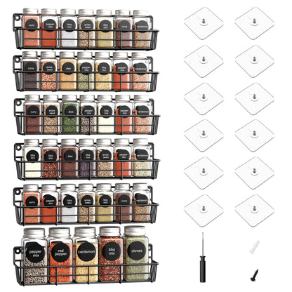 5 Pack Spice Rack Seasoning Organizer Wall Mount, Screw or Adhesive Hanging Shelf Basket Spice Organizer Shelf for Kitchen, Black
