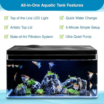 Harmony Deluxe 8 Gallon All-in-One Aquarium Kit, Award-Winning Fish Tank with Lid, Integrated Filtration, LED Light, Low-Iron Glass, Black Tank with Cherry Grain Top