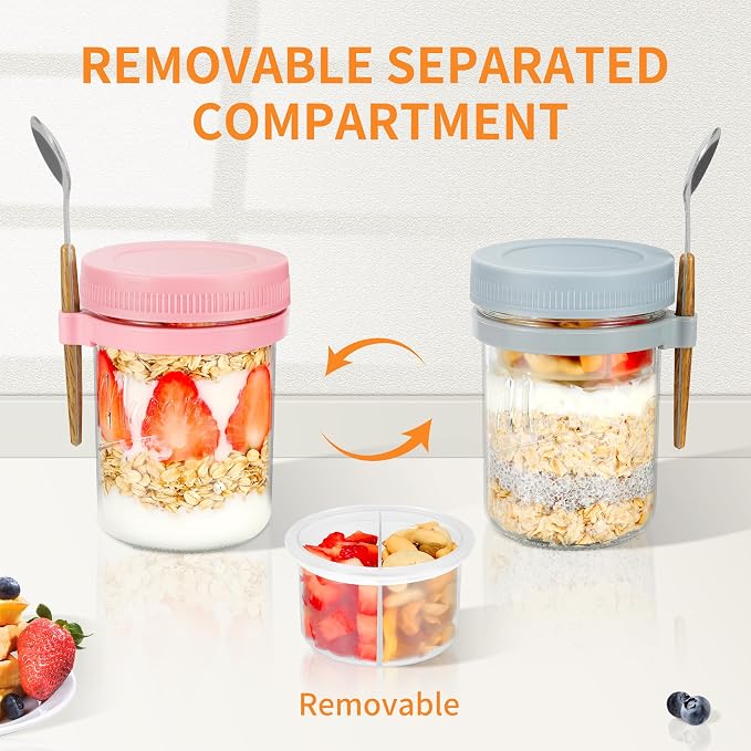 Xyptorix 6 Pack Overnight Oats Containers with Lids and Spoons, 16 oz Mason Jars with Removable Separate Compartments, Airtight and Leak-Proof Glass Jars for Chia Pudding, Yogurt, and Oatmeal