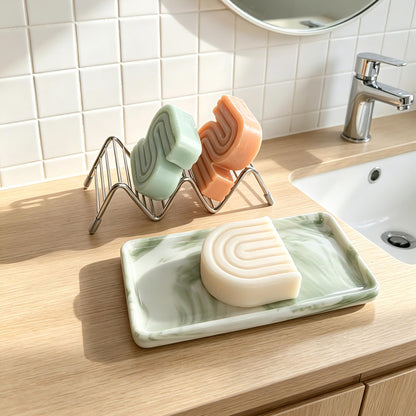 Lofekea Soap Dish, Stainless Steel Self Draining Shower Bar Soap Holder with Ceramic Dish Tray, W Style Soap Saver for Bathroom, Sink, Kitchen and Countertop(Green Texture)