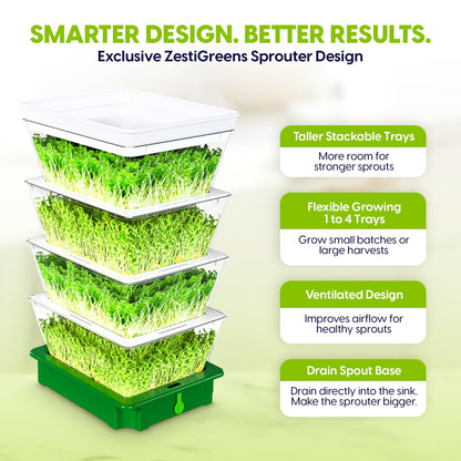 ZESTIGREENS 4-Tier Sprouting Kit - Stackable Seed Sprouter Trays with Drain Spout - Grow Fresh Sprouts at Home - BPA-Free