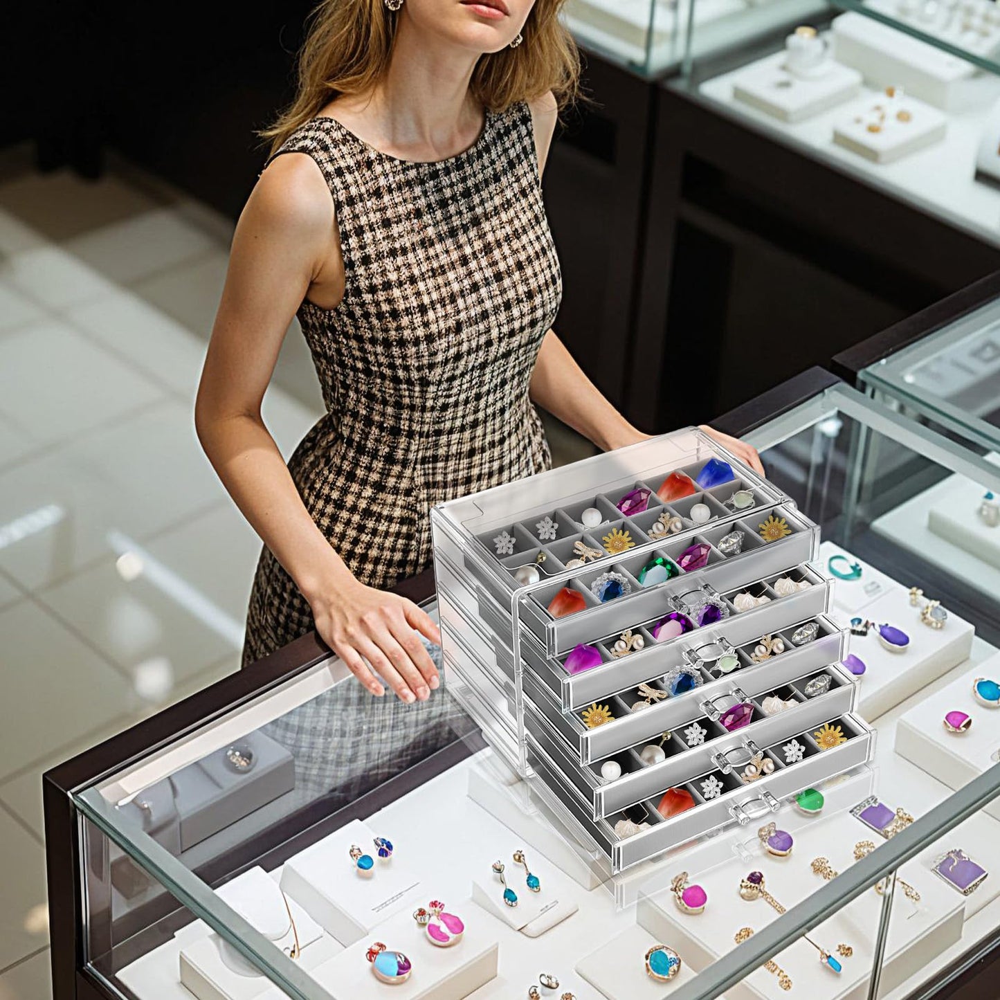 COMNICO Rock Display Case, 5 Layer 90 Grid Rock Collection Display Case Velvet Acrylic Clear Displays Cases Organizer for Collectibles Crystal Gemstone Fossil Stone