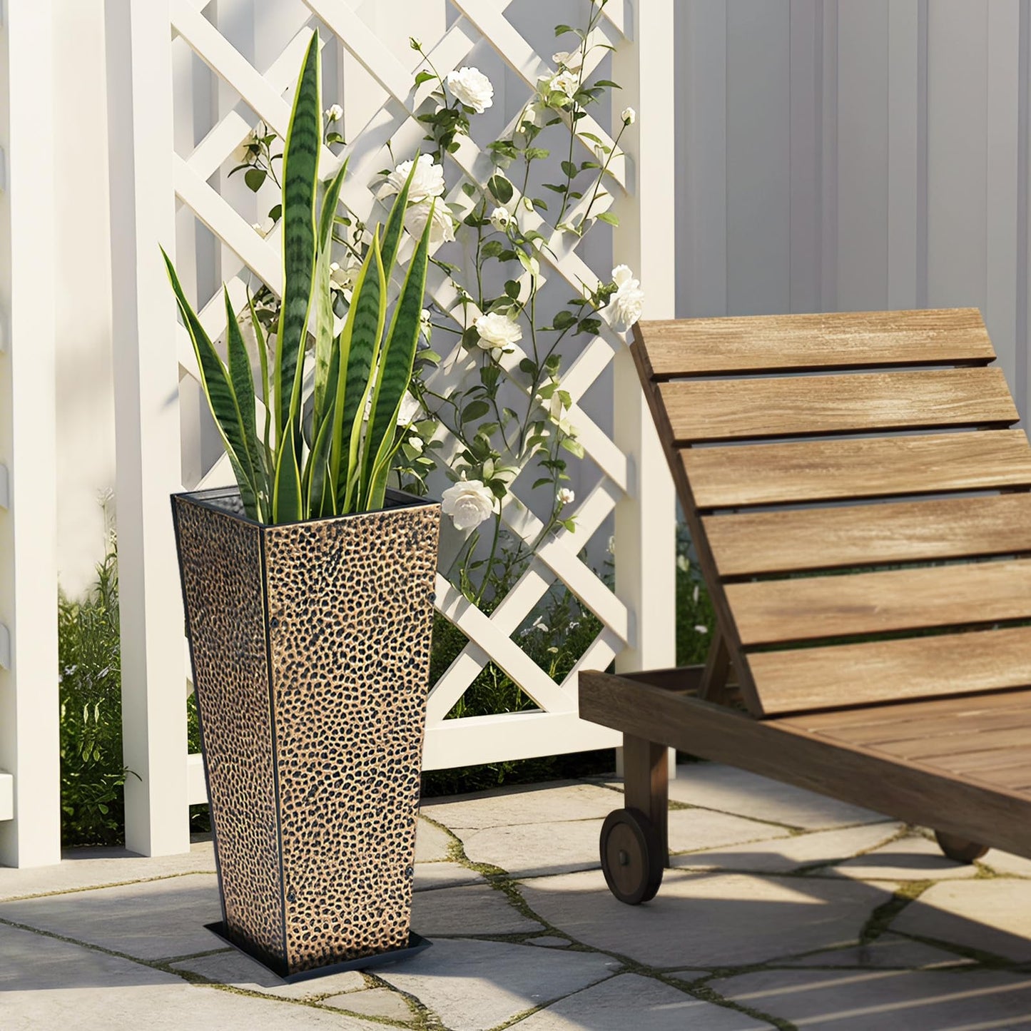 BAYN 2-Pack 24" Tall Metal Planter – Hand-Hammered Textured Large Copper Flower Pots Box with Saucer for Outdoor&Indoor, Garden, Porch, Patio, Yard with Pre-Drilled Drainage Holes
