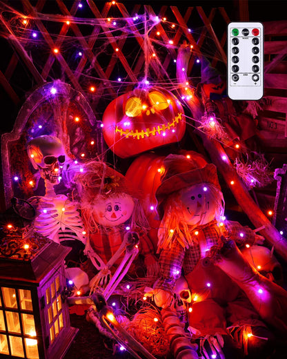 ODEETRONIC Orange Purple Halloween Lights, 2 Pack 16.4ft 50 LED Orange Fairy Lights String, 8 Modes Battery Operated Purple Twinkle Tree Lights with Remote Timer for Party Home Indoor Outside Decor