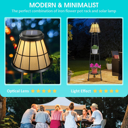 MXwcy 2-Tier Solar Plant Stand with Light, Modern Outdoor Floor Lamp with Classic Grid Lantern, Waterproof Tall Metal Planter Display Rack for Patio, Porch, Balcony, Garden Decor (2 Pack)