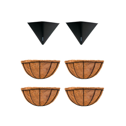 LaLaGreen Bundle- 2 Pack, 12 Inch Black Geometric Hanging Pot + 4 Pack, 12 Inch Metal Wire Basket with Coco Liner Flower Herb Plant Window Boxes Balcony Porch Modern Stylish Vase Self Watering Planter
