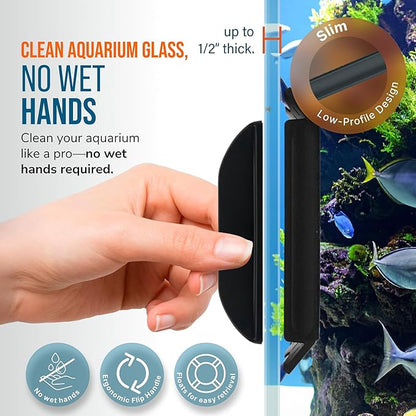 FLIPPER EDGE Standard Limited Edition Clownfish Magnetic 2-in-1 Aquarium Cleaner for Glass and Acrylic Tanks up to 1/2" (12mm) Thick – Dual Blade Design with Floating Algae Scraper and Cleaning Tool