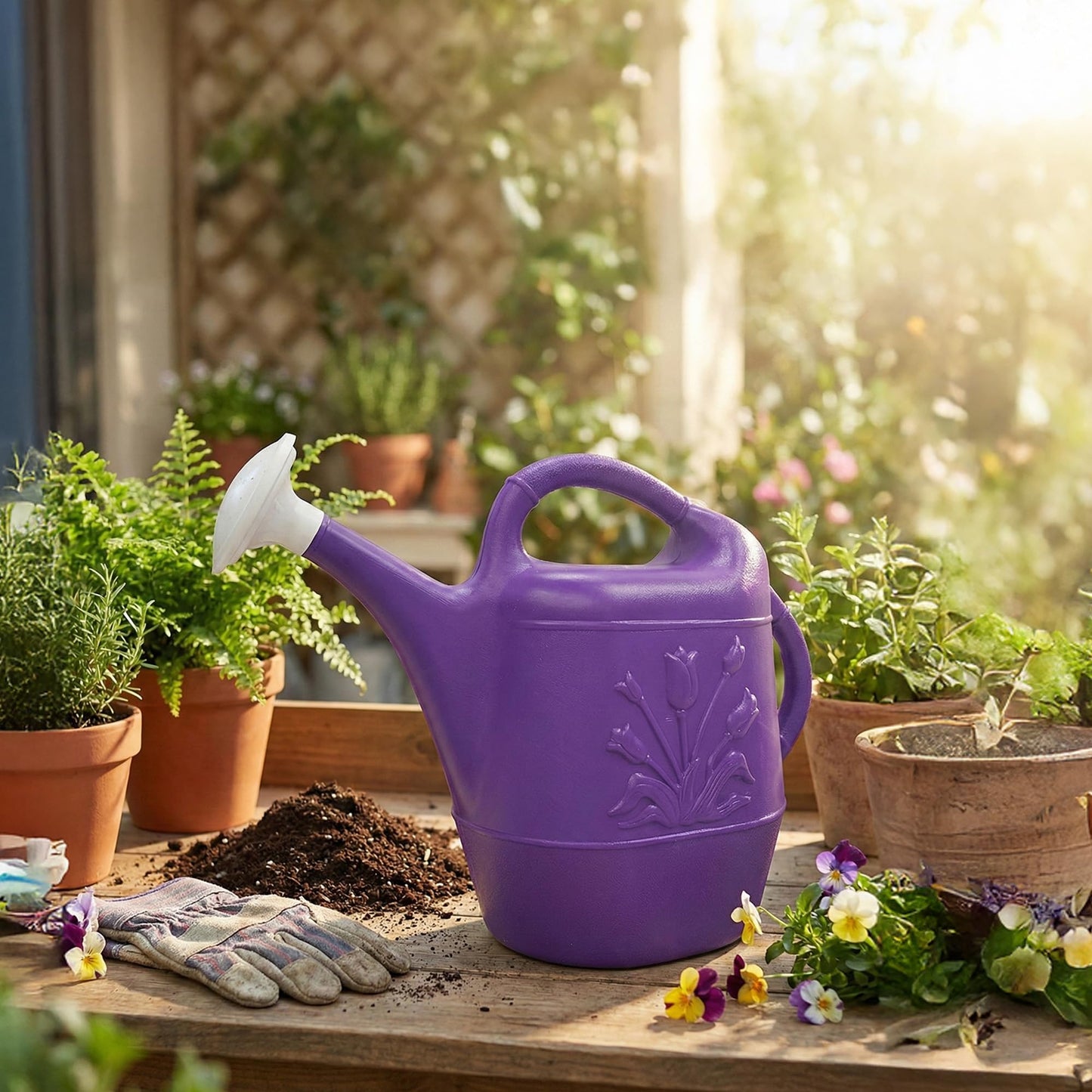 Union Products 63071 2 Gallon Plastic Indoor/Outdoor Watering Can w/ Tulip Design for Garden, Potted Plants, & Patio Pots, Purple
