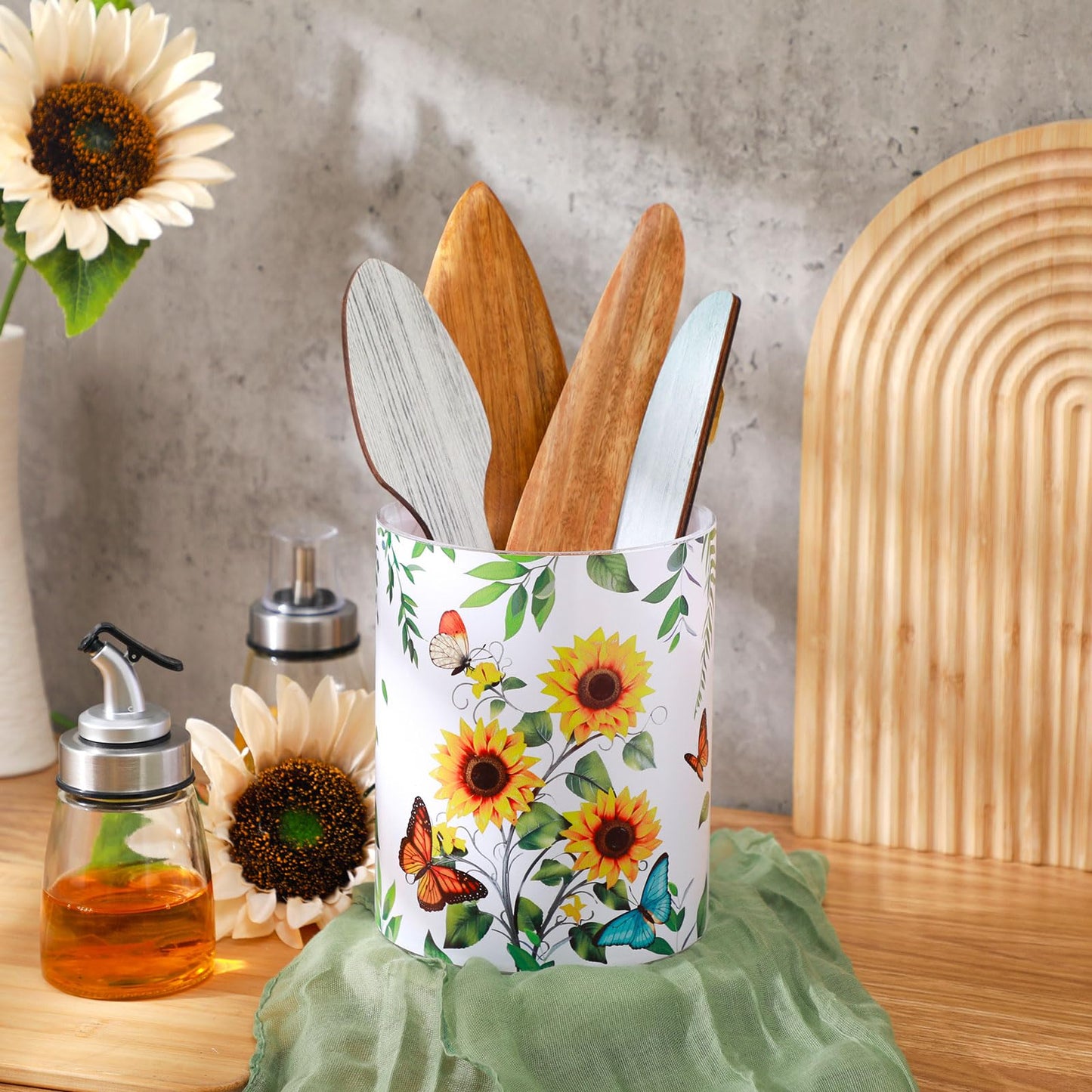 Yoande Kitchen Decorations Utensil Holder Acrylic Utensil Crock Spoon Kitchen Organizer for Countertop Coffee Spoon Holder Jar for Cooking Tools(Sunflower)