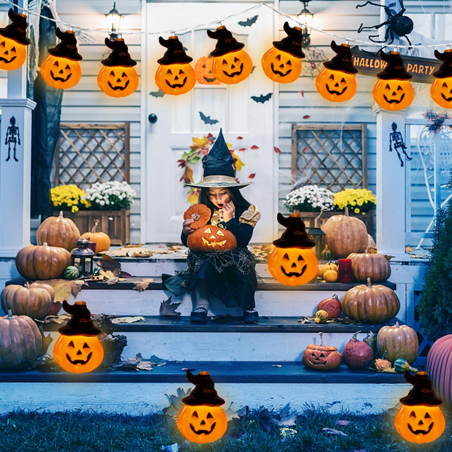 Orange Halloween Pumpkin String Lights with Witch Hat, 20FT 30 LED Pumpkin Halloween Lights String Outdoor with 8 Lighting Modes for Home Indoor Outdoor Party Decor