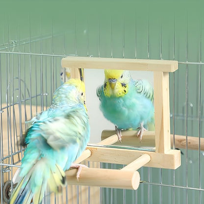 Natural Wood Bird Stand with Mirror, Perch and Swing Toy for Parakeets, Hummingbird, Lovebirds and Cockatoos (1 Pack)