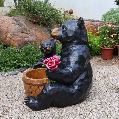 Bear and Cub Garden Planter - 21-Inch Large Resin Black Bear Statue with Flower Barrel, Rustic Wood Carved Look Flower Pot for Outdoor Porch Patio Yard Decor, Animal Sculpture Housewarming Gift