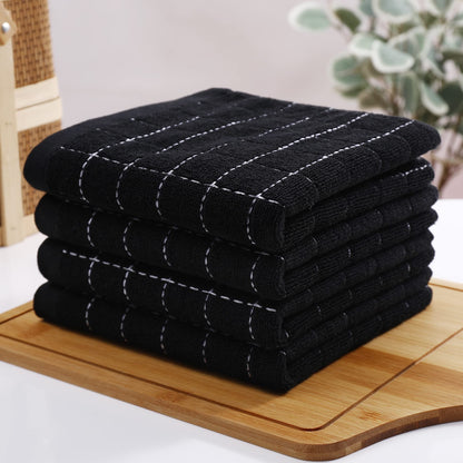 Homaxy 100% Cotton Terry Kitchen Towels(Black, 13 x 28 inches), Checkered Designed, Soft and Super Absorbent Dish Towels, 5 Pack