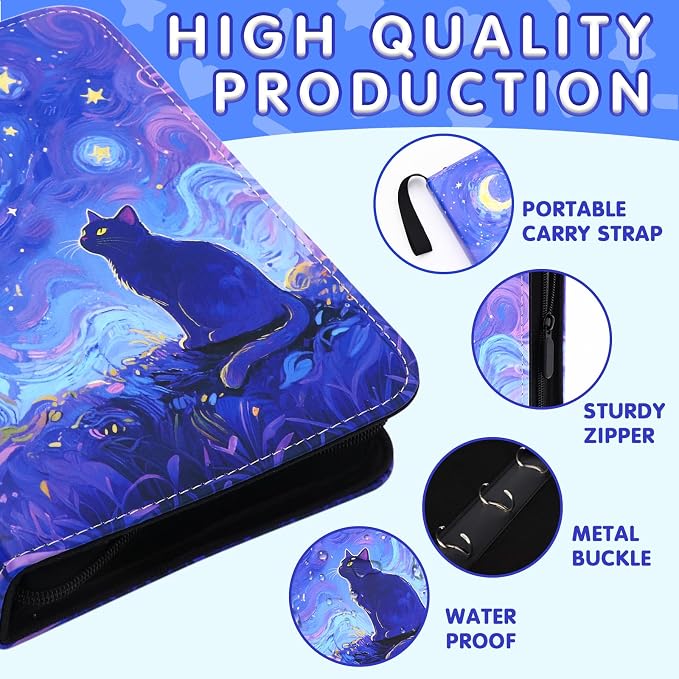 Cute Cat Card Binder, 400 Pocket Card Album for Girls Gifts, Black Cat kitten Trading Game Card Holder Album for Standard Size Cards, Collectible Game Collection Case (Starry)