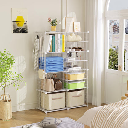 C&AHOME Wire Cube Storage Unit, Interlocking Metal Wire Organizer with Divider Design, Modular Cabinet with Plastic Panels, Bookshelf Stackable Closet Organizer with Small Hooks, White UWCSIM08W