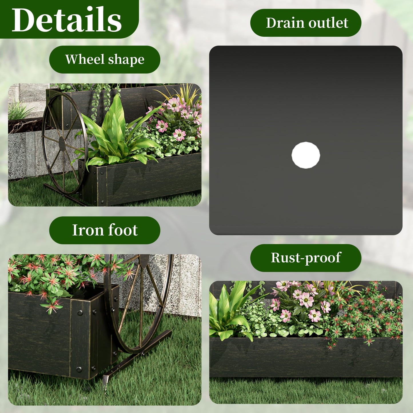 Athuiline Metal Wagon Planter Box, 2-Tier Outdoor Planter Raised Garden Beds with Wheels, Decorative Planter Boxes for Flowers Herbs Vegetables, Small Flower Cart for Patio, Balcony (Retro Gold)