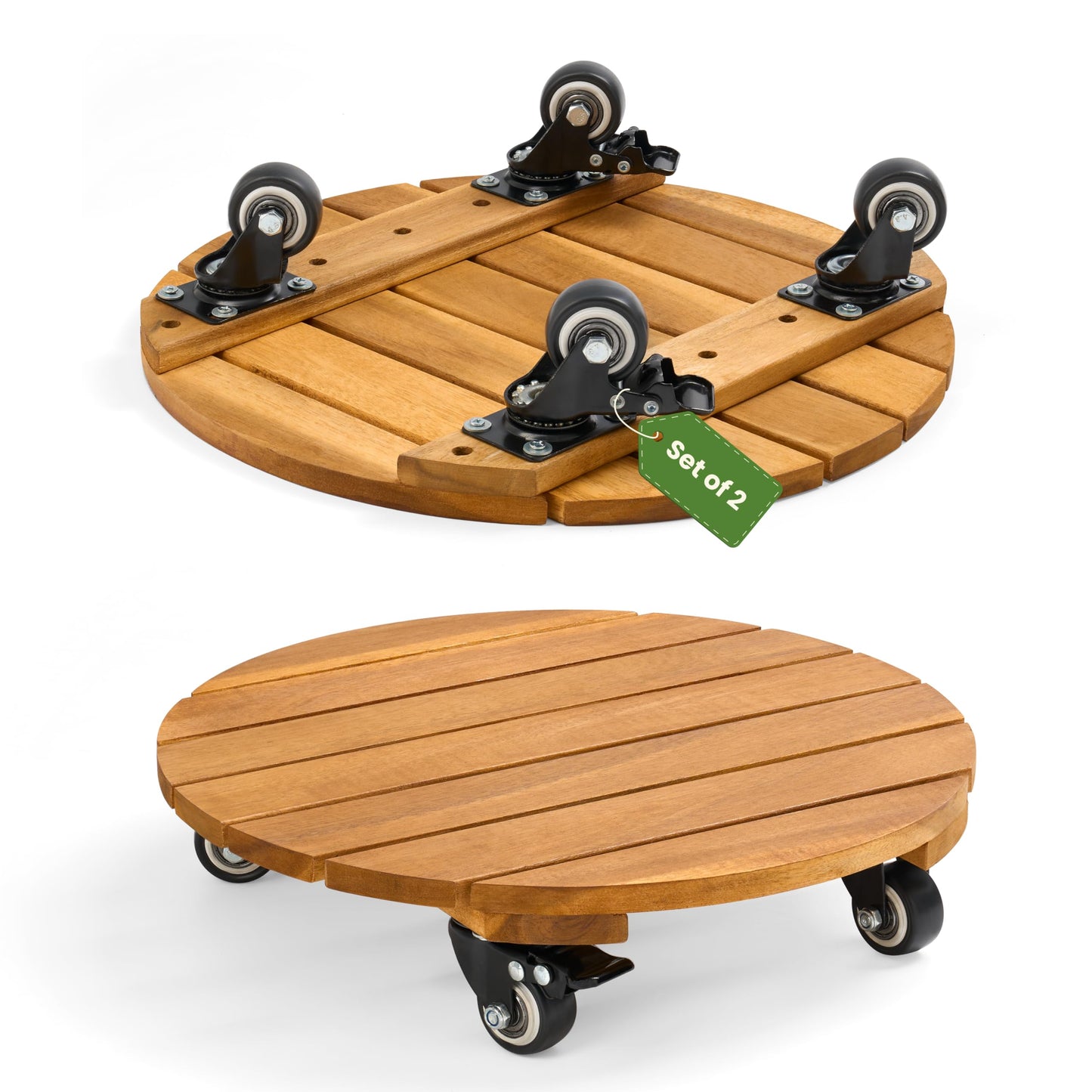 Jurax 14 Inch Wood Plant Caddy with Wheels – Heavy Duty Plant Dolly Holds Up to 286 lbs, 360° Lockable Casters, Rolling Plant Stand Indoor Outdoor for Large Pots – 2 Packs, Round-Golden Teak