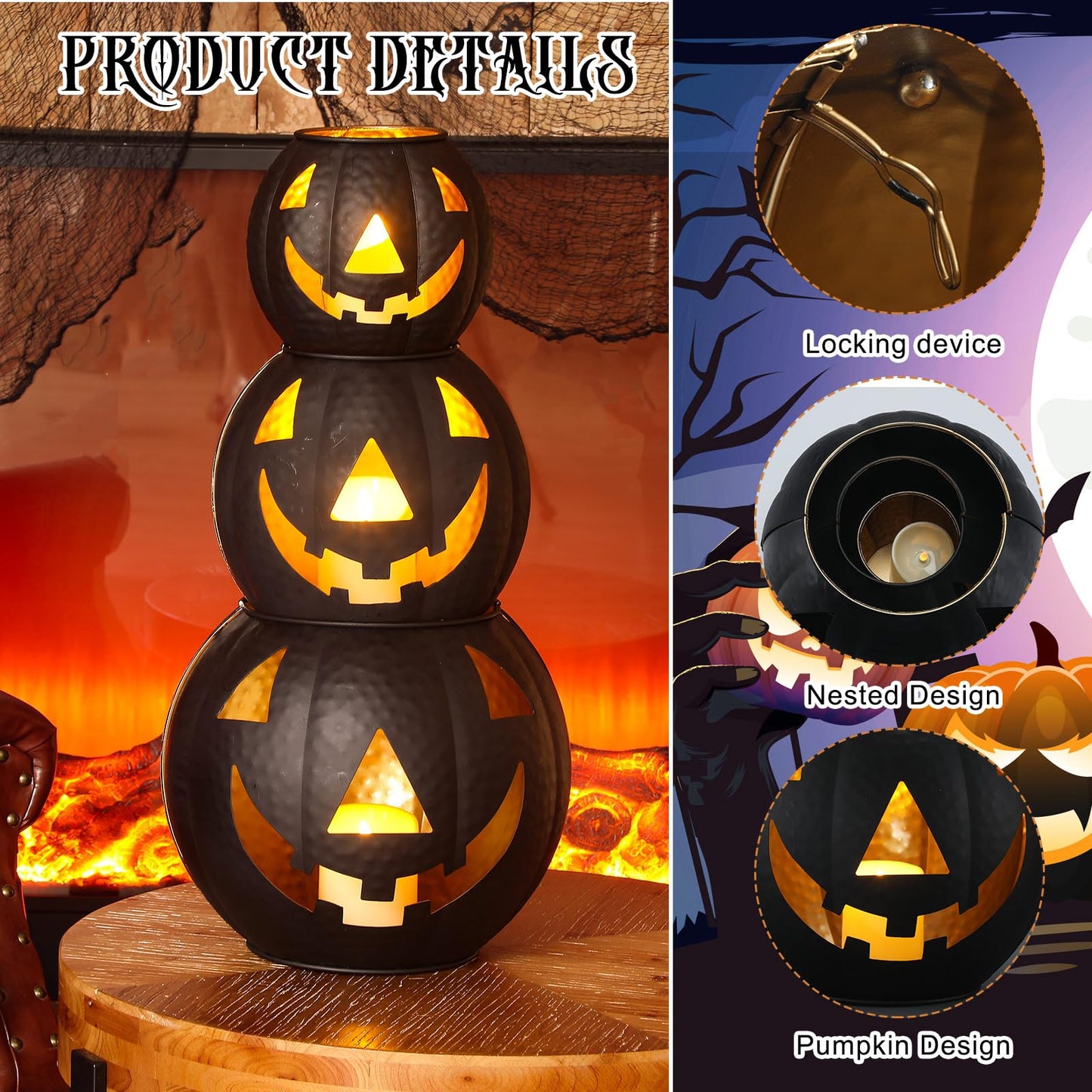 Kittmip 3 Pcs Halloween Metal Jack O Lanterns Pumpkin Set with LED Candles and Black Creepy Cloth Set of 3 Jack O Lantern Halloween Fall Outside or Inside Table Ornaments for Home Festival Party Decor